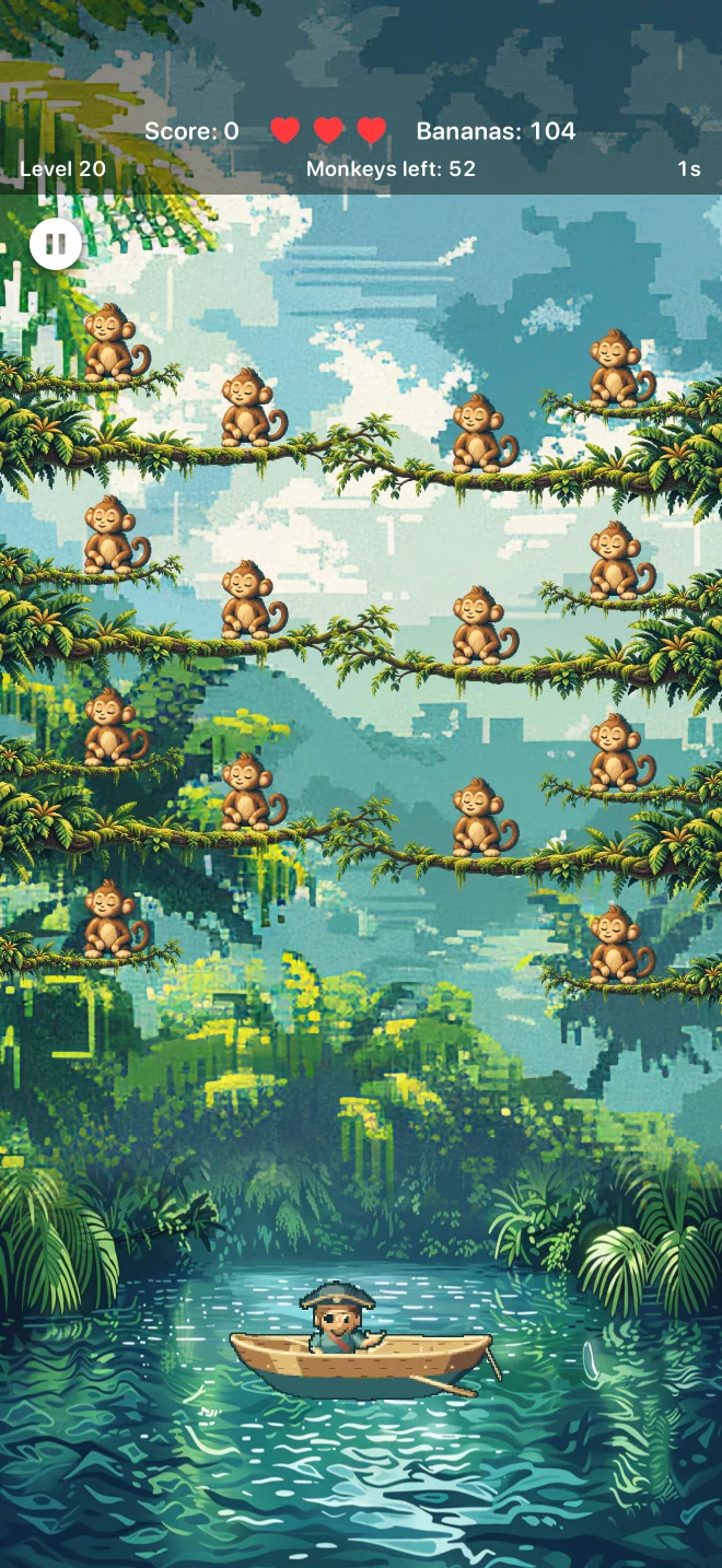 Level 20: 14 monkeys on side branches.