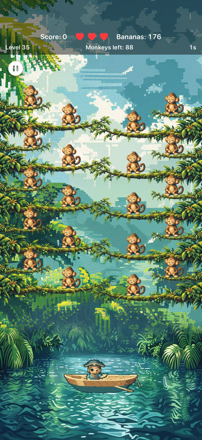 Level 35 with 20 monkeys and the pirate in his boat